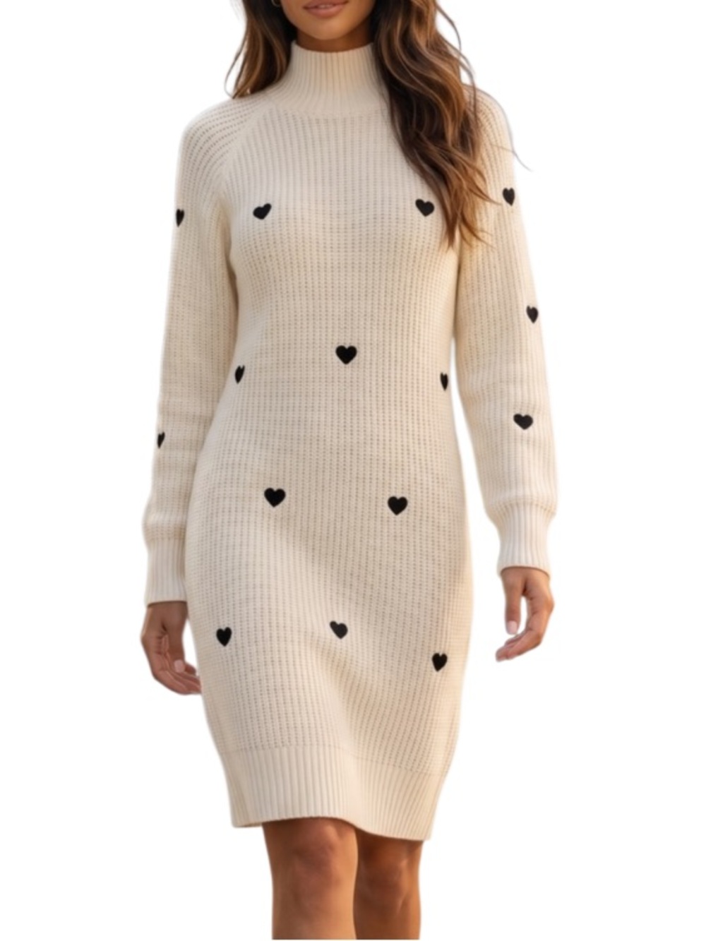 miami Cream Midi Sweater Dress with Black Heart Accents
